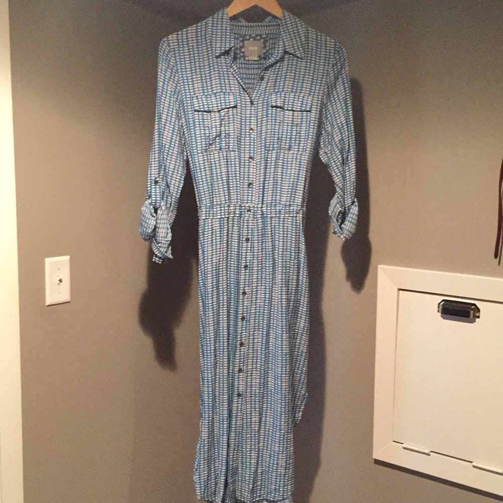 Anthropology shirt dress teal and white